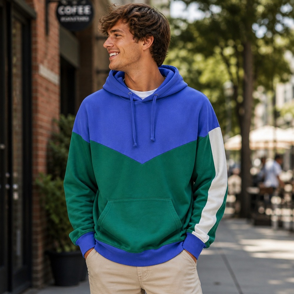 Mens Colorblock Hoodie Green Blue White Chevron Racing Stripe Sweatshirt M